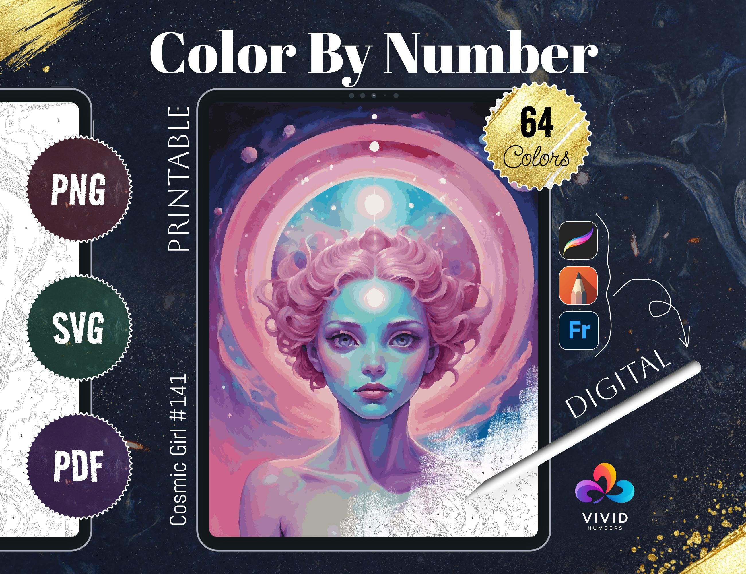 Cosmic Girl para Colorear por Números Imprimible | Páginas de Paint by Numbers Digital para Procreate y PDF
