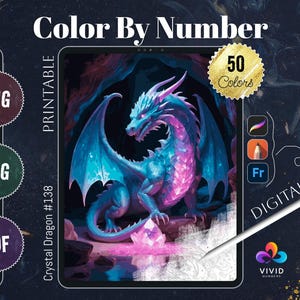 Crystal Dragon Coloring by Number Paint by Numbers Digital Coloring Pages Procreate Coloring Color by Number Fantasy Coloring Digital Pages