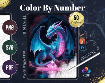 Crystal Dragon Coloring by Number Paint by Numbers Digital Coloring Pages Procreate Coloring Color by Number Fantasy Coloring Digital Pages