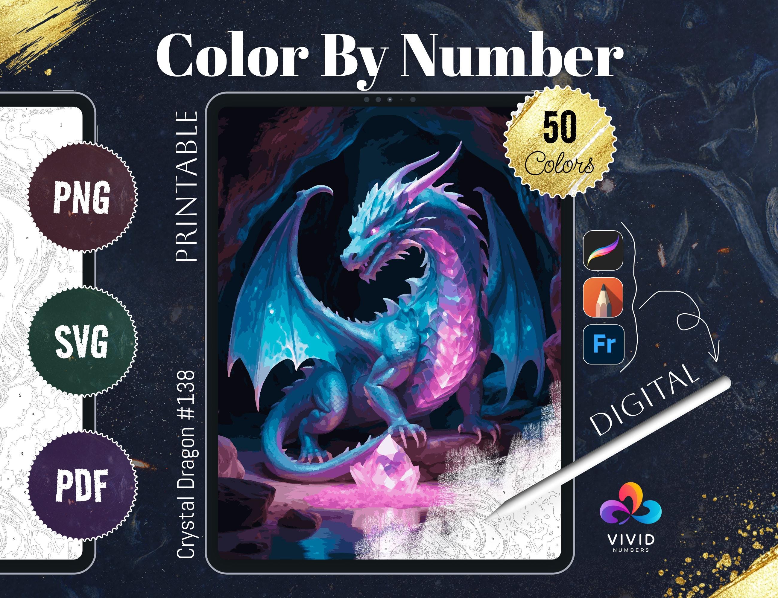 Dragón de cristal por números – Páginas de colorear digitales de fantasía para Procreate, PDF, SVG, PNG
