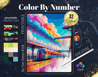 Sky Train Station Coloring by Number Paint by Numbers Digital Coloring Pages Procreate Coloring Color by Number Fantasy Digital Coloring