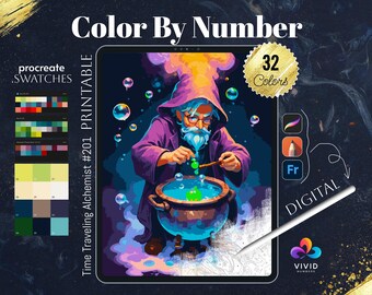 Time Traveling Alchemist Coloring by Number Paint by Numbers Digital Coloring Pages Procreate Coloring Color by Number Fantasy Coloring