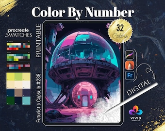 Futuristische Kapsel Färbung nach Zahlen Malen nach Zahlen Digitale Ausmalseiten Procreate Färbung Color by Number Fantasy Ausmalseiten