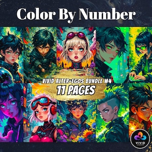 Puede incluir: Conjunto de impresiones de arte para colorear por números con 11 páginas de ilustraciones vibrantes y coloridas de personajes de estilo anime. El conjunto se titula "Vivid Alter-Egos Bundle #4".