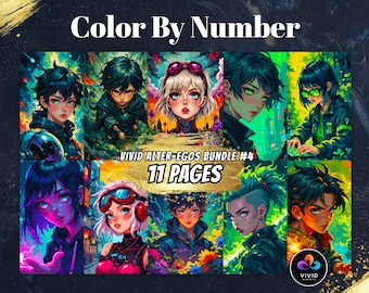 May include: Color by Number art print set featuring 11 pages of vibrant, colorful illustrations of anime-style characters. The set is titled "Vivid Alter-Egos Bundle #4".