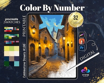 May include: Color by number digital art printable featuring a cobblestone street scene with buildings and streetlights at dusk. The image includes 32 colors and is labeled "Cobblestone Streets #198".