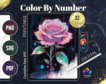 Crystalline Rose Flowers Coloring by Number Printable Paint by Numbers Digital Coloring Pages Procreate Coloring Art Therapy Floral Coloring