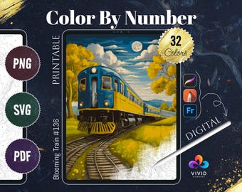 Puede incluir: Descarga digital de colorear por números con un tren viajando a través de un colorido paisaje otoñal. La imagen incluye 32 colores y está etiquetada como "Blooming Train #136".