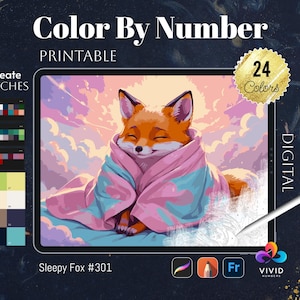 Sleepy Fox Color by Numbers Printable Paint by Numbers Digital Coloring Pages Procreate Coloring Color by Number Animal Digital Downloads