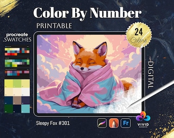May include: Digital printable featuring a sleepy fox wrapped in a pink and blue blanket. The image is labeled "Color By Number" and includes a color palette and the text "Sleepy Fox #301". The image is designed for digital use.