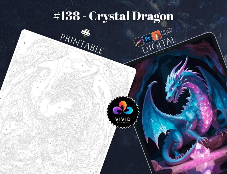 Crystal Dragon Coloring by Number Paint by Numbers Digital Coloring Pages Procreate Coloring Color by Number Fantasy Coloring Digital Pages