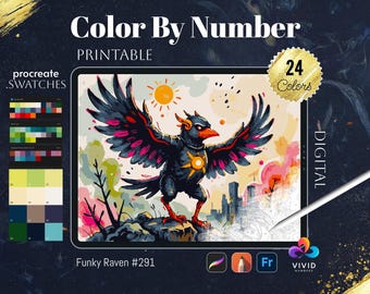 Funky Raven Coloring by Numbers Printable Paint by Numbers Digital Coloring Pages Procreate Coloring Color by Number Fantasy Coloring Pages