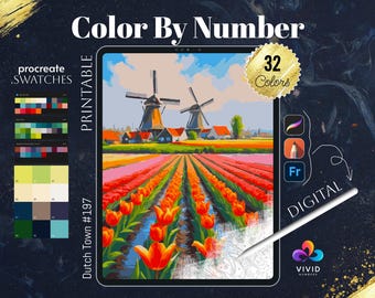 Dutch Town Color by Number Paint by Numbers Digital Coloring Procreate Coloring Color by Number Fantasy Coloring Floral House Coloring