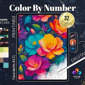 花のモチーフ 数字で塗る花の塗り絵 印刷可能な数字で塗るデジタル塗り絵 プロクリエイト塗り絵 アートセラピー 花の塗り絵