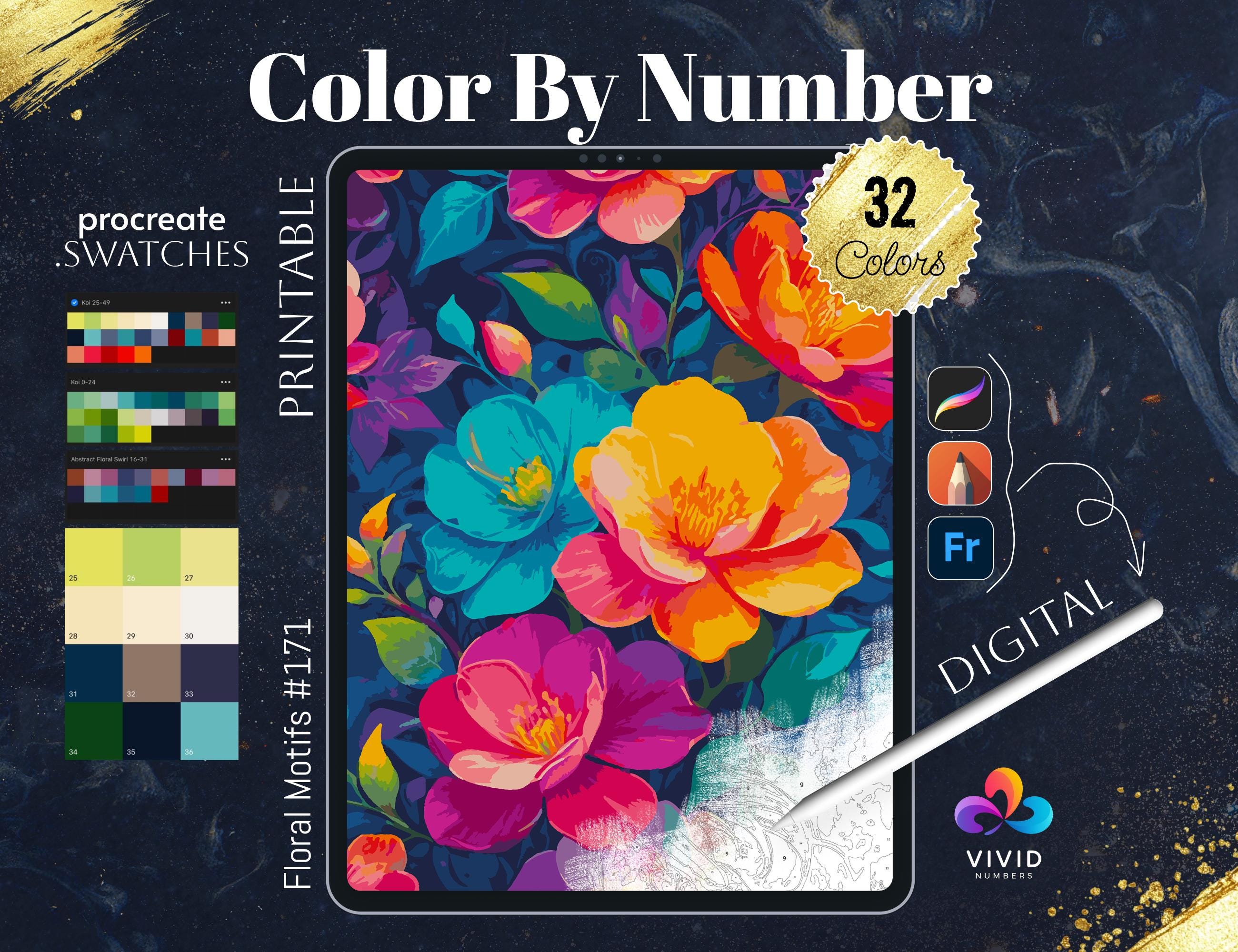 Floral Motifs Coloring by Number Printable | Flower Paint by Numbers Digital Pages for Adults, PDF SVG PNG, Procreate Ready