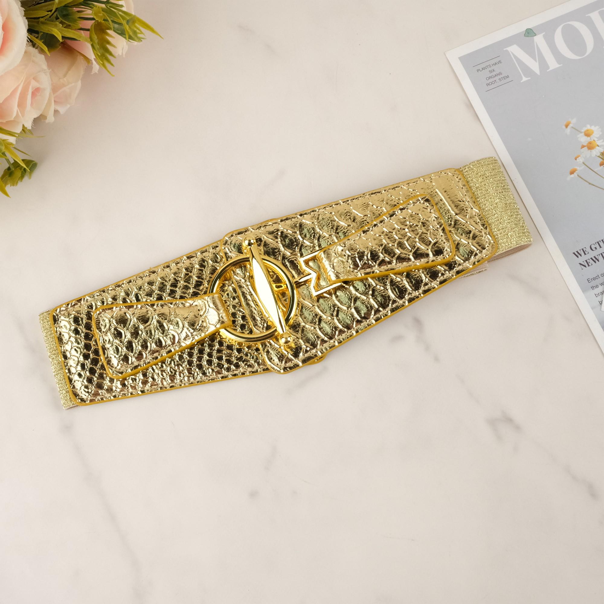 2329 Women\'s Elastic Belt Vintage Wide Waist Belts Gold O-ring Buckle ZYALTFDC Black Belts for Women Dresses Women main image 4