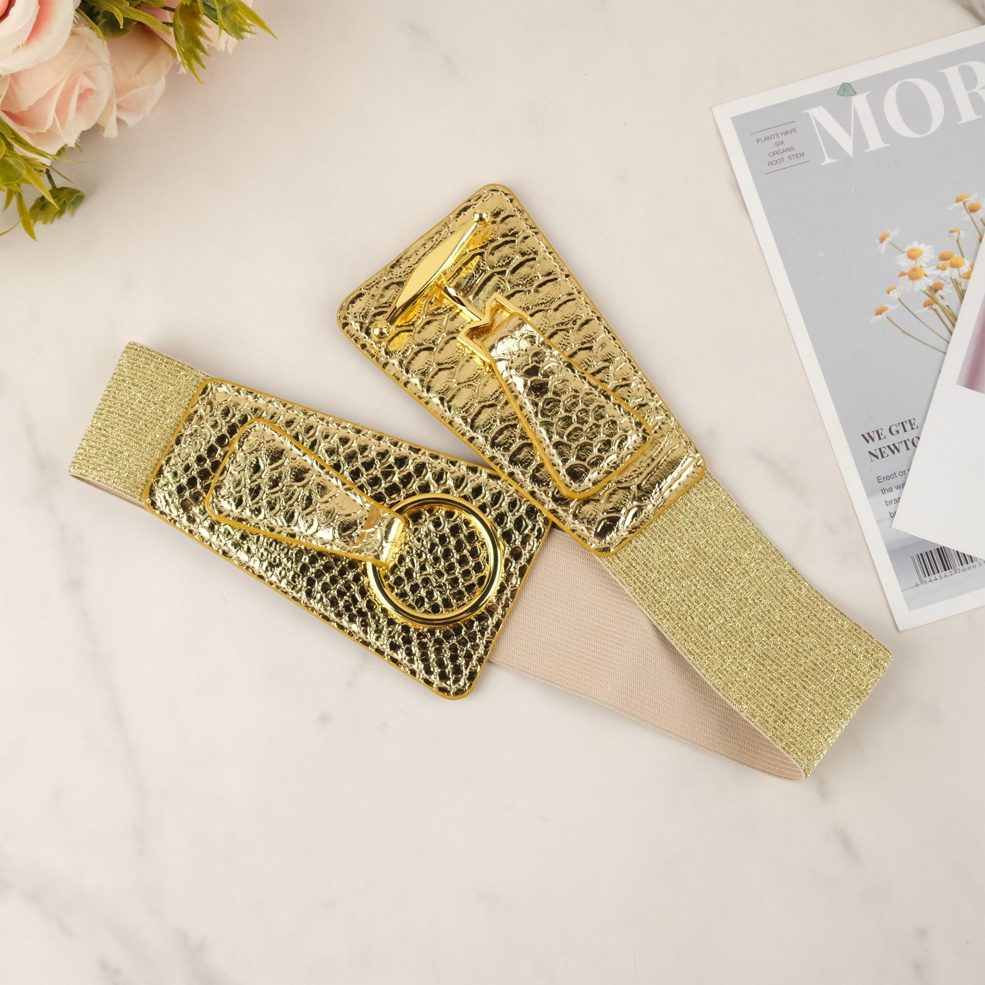 Retro Y2K Bijoux Terner Croc Elastic Rustic Gold Wide Statement Belt. Classic Belt In Italian Croc-embossed Metallic Leather For  main image 4