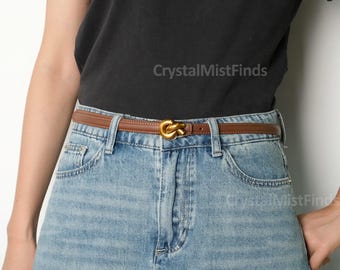 Women's Thin Genuine Leather Belt with Knot-Style Metal Buckle, Adjustable Vintage Alloy Buckle Belt