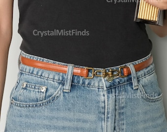 Cinturón fino de cuero para mujer, cinturón ajustable de cuero genuino, cinturón con hebilla de aleación vintage, cinturón de talle alto, cinturón formal para chaqueta de traje.