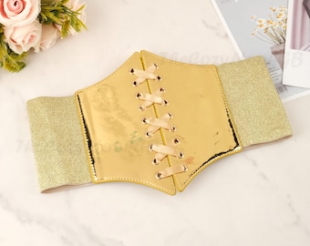 Cinturón corsé dorado para mujer, faja elástica ancha con cordones, cinturón decorativo versátil para vestidos, trajes y abrigos.