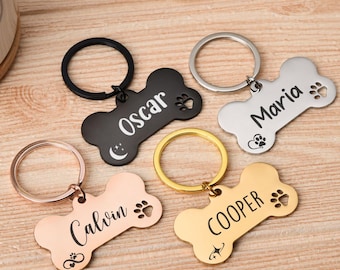 Placa de identificación personalizada con dirección y teléfono, placa de identificación grabada, placa de identificación con forma de hueso, placa de collar personalizada para perros y gatos.