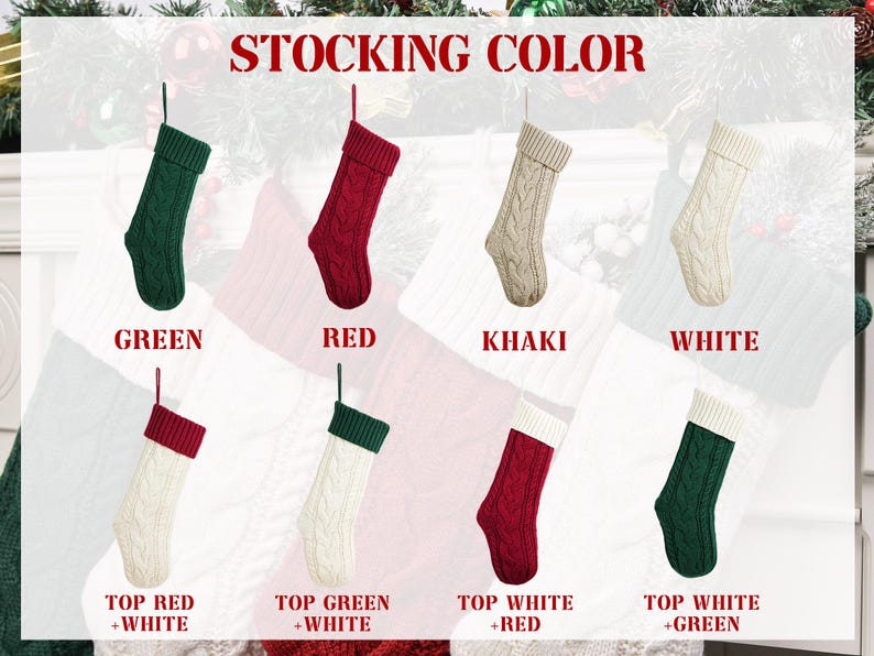 Op de afbeelding: Afbeelding met verschillende kerstsokken in verschillende kleuren, waaronder groen, rood, kaki en wit. Sommige sokken hebben contrasterende bovenkanten. De tekst "STOCKING COLOR" staat bovenaan de afbeelding.