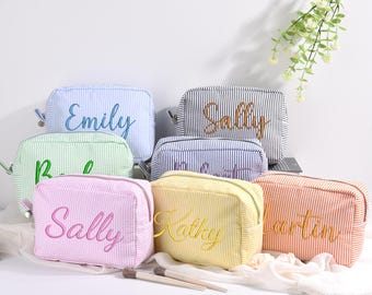 Bolsa de maquillaje personalizada de seersucker, regalo para dama de honor, regalos para novias, regalo para ella, neceser personalizado