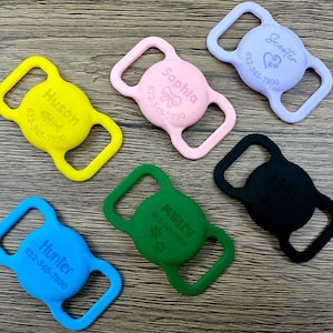 Dog AirTag Collar Holder,Slide on Dog Name Tag,Custom AirTag Cat Collar,Silicone Slient Air Tag Case,Engraved Air Tag Case for Pet Collar