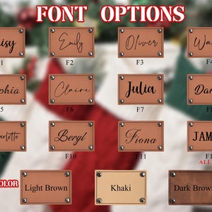 Op de afbeelding: Afbeelding met lettertype-opties voor gepersonaliseerde patches. De afbeelding toont rechthoekige patches met namen als "Daisy" en "Emily" in verschillende lettertypen. Patchkleuren zijn onder meer lichtbruin, kaki en donkerbruin, met de tekst "FONT OPTIONS" bovenaan.