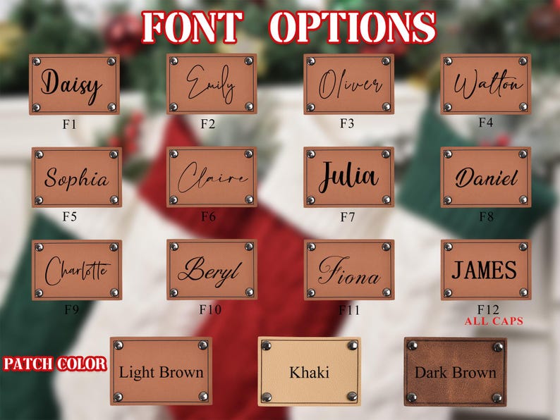 Op de afbeelding: Afbeelding met lettertype-opties voor gepersonaliseerde patches. De afbeelding toont rechthoekige patches met namen als "Daisy" en "Emily" in verschillende lettertypen. Patchkleuren zijn onder meer lichtbruin, kaki en donkerbruin, met de tekst "FONT OPTIONS" bovenaan.