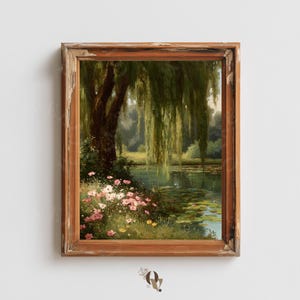 Cuadro de sauce llorón, paisaje pastoral, descarga digital, obra de arte vintage, escena tranquila, impresión romántica, decoración cottagecore, arte de pared rústico
