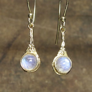 Moonstone Earrings, Victorian gold dangle earrings with stone