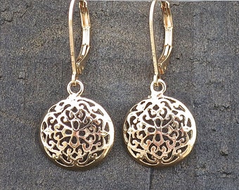 Filigree solid 14k gold dangle earrings for women