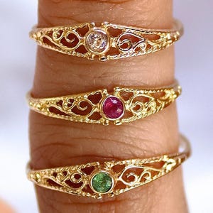 Filigree 14K Gold Ruby Ring: Dainty Fine Jewelry