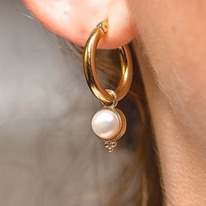 14k Solid Gold Pearl Hoop Earrings | June Birthstone Gift | Genuine White Pearl Drop Earrings | Classic Anniversary Jewelry
