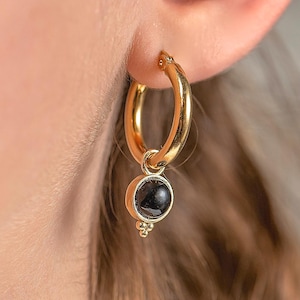 14K solid gold black Onyx dangle hoop earrings