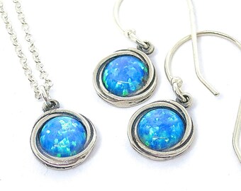 Opal jewelry set, Blue silver earrings and necklace set