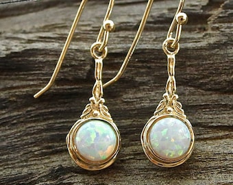 White Opal gold dangle Earrings for women, Victorian gold earrings