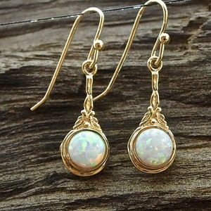 White Opal gold dangle Earrings for women, Victorian gold earrings
