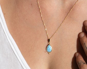 Opal gold necklace, Blue Opal teardrop gold necklace pendant for woman