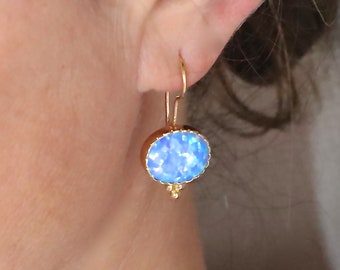 Opal earrings, Opal gold dangle earrings for women, Blue Stone earrings, Blue Opal gold earrings