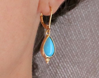 Turquoise earrings, Teardrop Turquoise gold dangle earrings