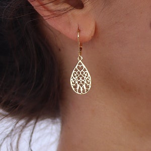 Drop filigree 14k gold earrings, Solid 14k gold dangle earrings