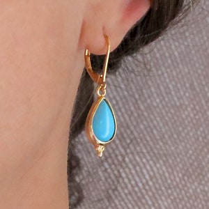 Turquoise earrings, Teardrop Turquoise gold dangle earrings