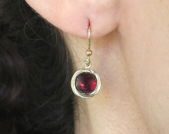 Garnet gold earrings, Small Garnet dangle earrings, Round Red stone Earrings for woman, Vintage earrings