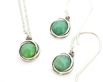 Jade earrings and necklace set, Sterling silver 925 jewelry set, Green stone set earrings and Pendant