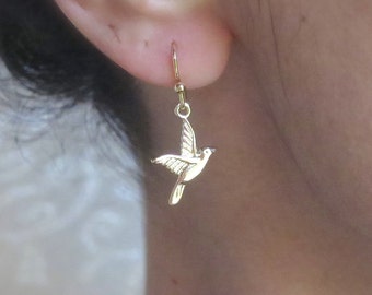 Bird solid 14k gold dangle earrings, Humming bird earrings