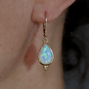 Gold Opal teardrop dangle earrings for woman, Vintage earrings, White opal drop earring image 1