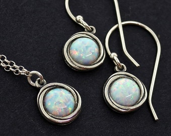 Opal jewelry set, Sterling silver 925 white opal earrings and necklace