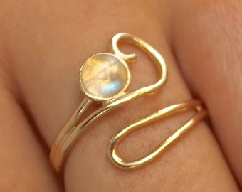 Moonstone gold Ring, Open adjustable gold Ring